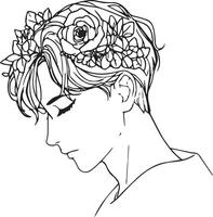 Isolated black line art of a young man with dark hair, wearing a flower crown, with a reflective expression. vector
