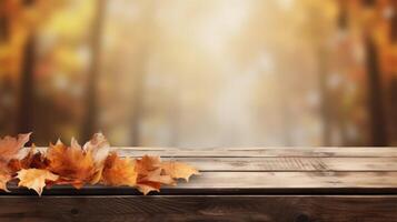 Autumn background with falling leaves and empty wooden table, ideal for product placement. Neural network photo