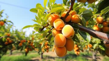 A bunch of ripe apricots on a branch. Neural network photo