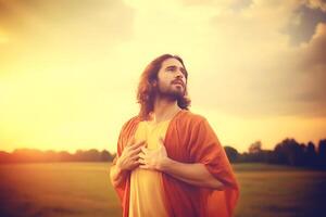 Man praying to God in the field. Neural network photo