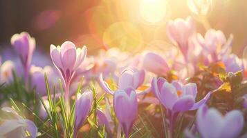 Purple Crocus Flowers Blooming in a Sunny Spring Field at Dawn photo