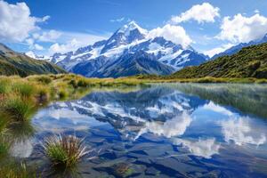 Serene Mountain Lake on a Sunny Day Reflecting Snow-Capped Peaks and Lush Greenery photo