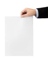 Hand with blank sheet of paper isolated on white with clipping path photo
