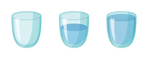 Set of three glass glasses with water. Empty, half, full. Horizontal illustration. vector