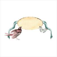 Copy space card design with a bird, ribbon and a butterfly. Elegant note. Banner for your text. Hand drawn watercolor illustration isolated on white background. For invitations, postcards and flyers vector