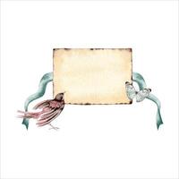 Copy space card design with a bird, ribbon and a butterfly. Elegant title. Banner with your text. Hand drawn watercolor illustration isolated on white background. For invitations, postcards and flyers vector