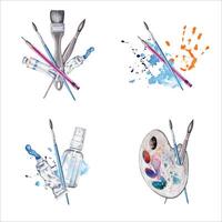 Flat lay compositions with artist palette, brushes, pencil, hand print and blue splatter. Watercolor illustration isolated on white background. Design set for art classes, logos, flyers or stickers vector