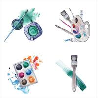 Flat lay compositions with green paint bottle, palette and brush stroke with splatter. Watercolor illustration isolated on white background. Design set for art classes, logos, flyers or stickers vector