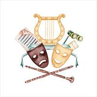 Vintage music pages, opera glasses with theatre masks and ancient lyre harp logo. Hand drawn watercolor illustration isolated on white background. For play or musical program, poster, card or tickets vector