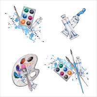 Flat lay compositions with artist palette, brushes, paint tubes and blue paint splatter. Watercolor illustration isolated on white background. Design set for art classes, logos, flyers or lessons vector