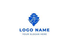 logo hands hold ship container. Editable file vector