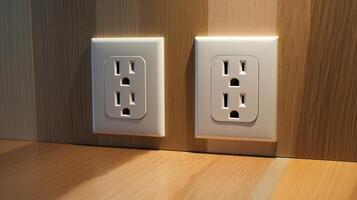 White wall mounted socket board with two electrical sockets and a switch. Neural network photo