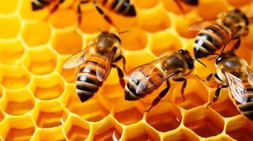 bee on honeycombs with honey slices nectar into cells. Neural network photo