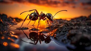 Red ants are looking for food on green branches. Neural network photo