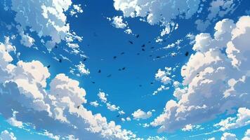 beschwingt Blau Himmel geschmückt mit flauschige Weiß Wolken, Erstellen ein dynamisch und expansiv Atmosphäre Anime Stil video
