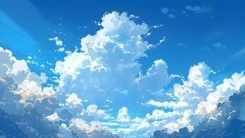 beschwingt Blau Himmel geschmückt mit flauschige Weiß Wolken, Erstellen ein dynamisch und expansiv Atmosphäre Anime Stil video