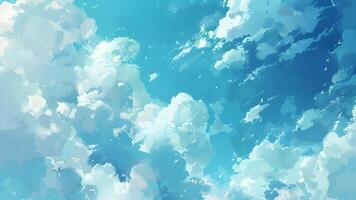 Vibrant blue sky adorned with fluffy white clouds, creating a dynamic and expansive atmosphere anime style video