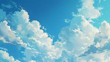 vibrant bleu ciel orné avec duveteux blanc des nuages, création une dynamique et expansif atmosphère anime style video