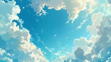 Vibrant blue sky adorned with fluffy white clouds, creating a dynamic and expansive atmosphere anime style video