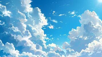 Vibrant blue sky adorned with fluffy white clouds, creating a dynamic and expansive atmosphere anime style video
