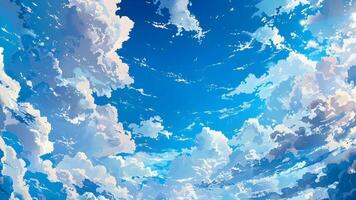 Vibrant blue sky adorned with fluffy white clouds, creating a dynamic and expansive atmosphere anime style video
