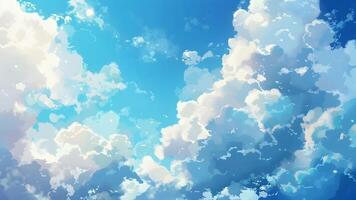 beschwingt Blau Himmel geschmückt mit flauschige Weiß Wolken, Erstellen ein dynamisch und expansiv Atmosphäre Anime Stil video