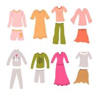 Collection if female clothes with dress, Christmas pajama, home wear in flat style. vector