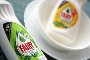 KYIV, UKRAINE - OCTOBER 31, 2023 Bottle of Fairy washing up Liquid produced by Procter and Gamble and sold in most parts of Europe photo