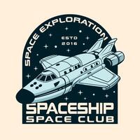 Spaceship Rocket flying spacecraft in the galaxy Vintage Retro Badge logo vector
