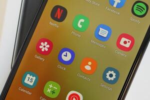 KYIV, UKRAINE - 4 MAY, 2023 Samsung Galaxy A04 Android smartphone has 6.5-inch PLS LCD panel with Infinity-V design photo