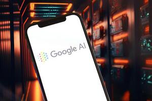 KYIV, UKRAINE - MARCH 17, 2024 Google AI logo on iPhone display screen with background of artificial intelligence futuristic image photo