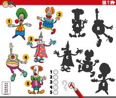 finding shadows activity with cartoon clowns characters vector