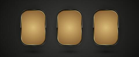 Three Premium realistic isolated website elements, golden glossy label for game UI, button with shiny light effect on border. A Luxury button of hexagon shape vector
