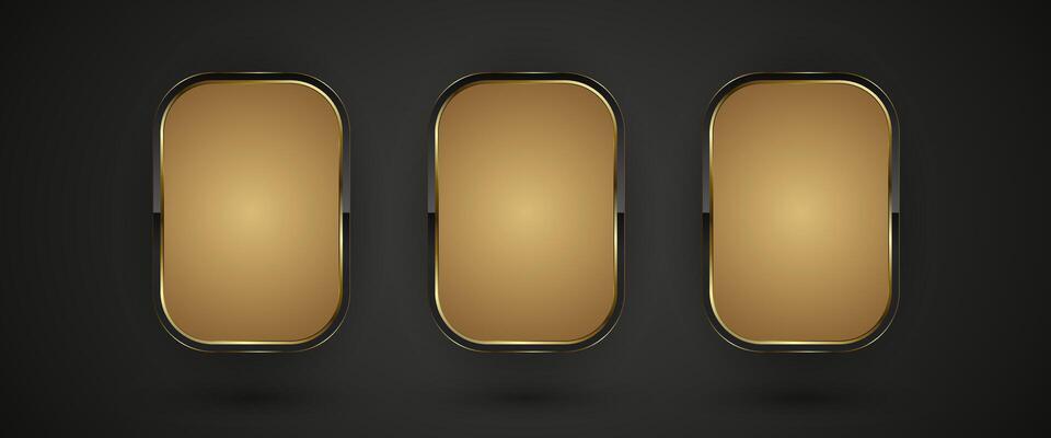 Three Premium realistic isolated website elements, golden glossy label for game UI, button with shiny light effect on border. A Luxury button of hexagon shape