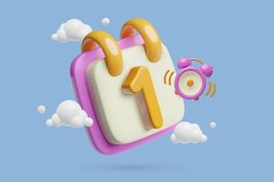 Day 1 calendar 3d icon with alarm clock first date of the month or appointment reminder vector