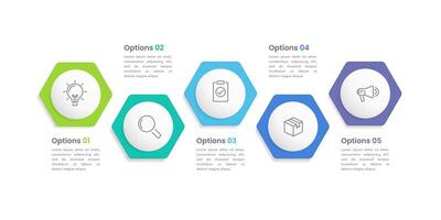 5 processes or option that drive your business forward to success. Infographic hexagon and circle design template. Business presentation, Report and Planning. vector