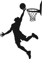 Black silhouette of a basketball player jumping block ball into the hoop vector