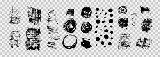 Set of hand drawn doodles and grungy circles. Grunge brushes, backgrounds, dirty textures and strokes for design. Artistic elements with jagged edges. vector