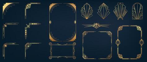 Collection of geometric art deco ornament. Luxury golden decorative elements with different lines, frames, headers, dividers, borders. Set of elegant design suitable for card, invitation, poster. vector