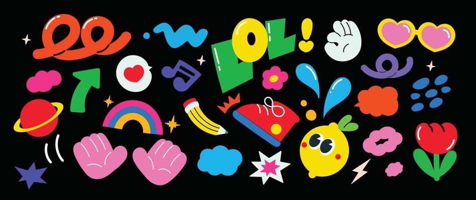Set of funky groovy element . Collection of cartoon characters, cute doodle dawn, sparkle, hand, lemon, arrow, shoe, flower. Retro hippie design for decorative, sticker, toys and kids.