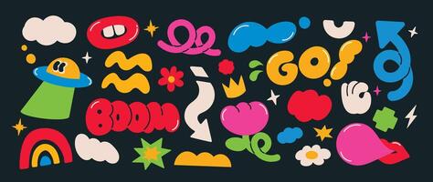 Set of funky groovy element . Collection of cartoon characters, cute doodle dawn, sparkle, hand, spaceship, flower. Retro hippie design for decorative, sticker, toys and kids. vector