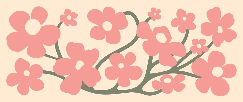 Abstract botanical art background . Natural hand drawn pattern design with pink flower, branch. Simple contemporary illustrated Design for fabric, print, cover, banner, wallpaper.