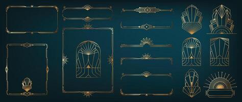 Collection of geometric art deco ornament. Luxury golden decorative elements with different lines, frames, headers, dividers, borders. Set of elegant design suitable for card, invitation, poster. vector