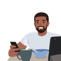 Man Eating Breakfast While Checking Mobile Phone. vector