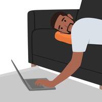 Exhausted man working from home lying on a couch with laptop. vector