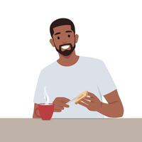 Young man character making toast spreading butter on bread at breakfast. vector