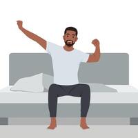 Man stretching in bed after waking up. vector