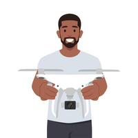 Drone with controller in hands of man. vector