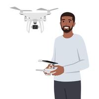 Remote aerial drone with a camera taking photography or recording game. vector