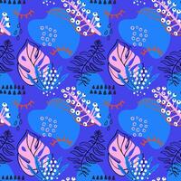 Abstract flora seamless pattern with tropical plant elements. Cute hand drawn textures, leaves and berries. Bright modern background for paper, textile, social media design. vector